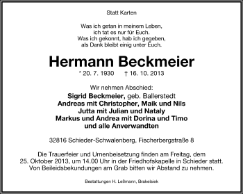 Anzeige  Hermann Beckmeier  Lippische Landes-Zeitung