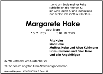 Anzeige  Margarete Hake  Lippische Landes-Zeitung