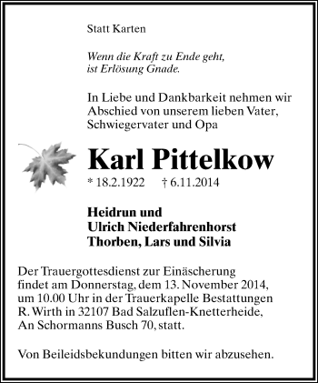 Anzeige  Karl Pittelkow  Lippische Landes-Zeitung