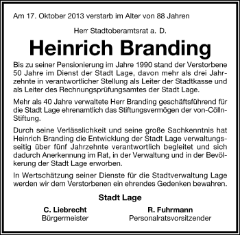 Anzeige  Heinrich Branding  Lippische Landes-Zeitung
