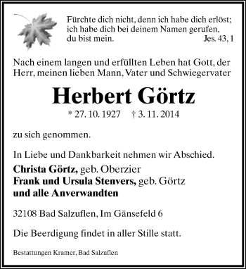 Anzeige  Herbert Görtz  Lippische Landes-Zeitung