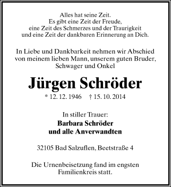 Anzeige  Jürgen Schröder  Lippische Landes-Zeitung