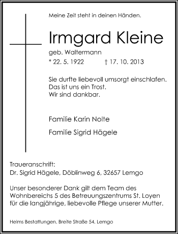 Anzeige  Irmgard Kleine  Lippische Landes-Zeitung