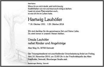 Anzeige  Hartwig Lauhöfer  Lippische Landes-Zeitung