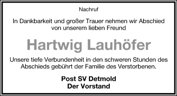 Anzeige  Hartwig Lauhöfer  Lippische Landes-Zeitung