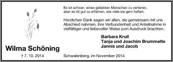 Anzeige  Wilma Schöning  Lippische Landes-Zeitung