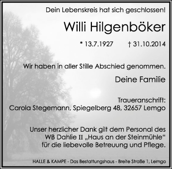 Anzeige  Willi Hilgenböker  Lippische Landes-Zeitung