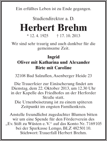 Anzeige  Herbert Brehm  Lippische Landes-Zeitung