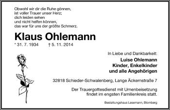 Anzeige  Klaus Ohlemann  Lippische Landes-Zeitung