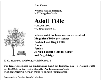 Anzeige  Adolf Tölle  Lippische Landes-Zeitung