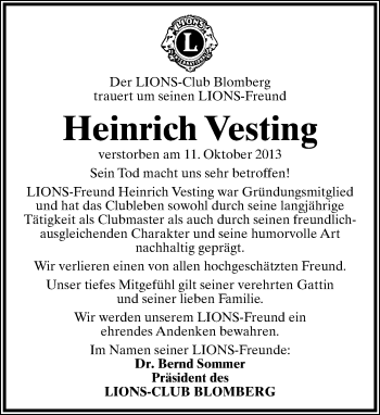 Anzeige  Heinrich Vesting  Lippische Landes-Zeitung