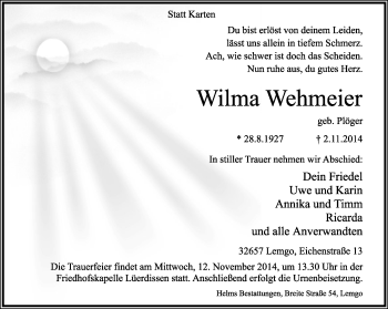 Anzeige  Wilma Wehmeier  Lippische Landes-Zeitung