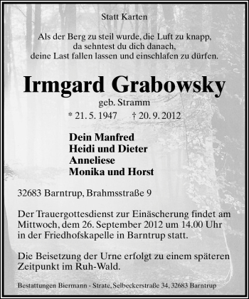 Anzeige  Irmgard Grabowsky  Lippische Landes-Zeitung