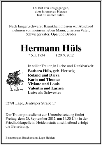Anzeige  Hermann Hüls  Lippische Landes-Zeitung