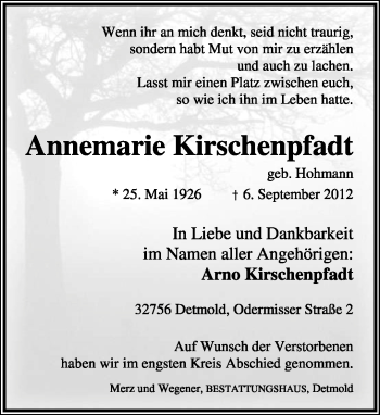 Anzeige  Annemarie Kirschenpfadt  Lippische Landes-Zeitung