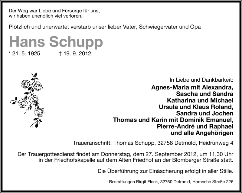  Traueranzeige für Hans Schupp vom 22.09.2012 aus Lippische Landes-Zeitung