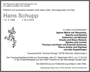Anzeige  Hans Schupp  Lippische Landes-Zeitung