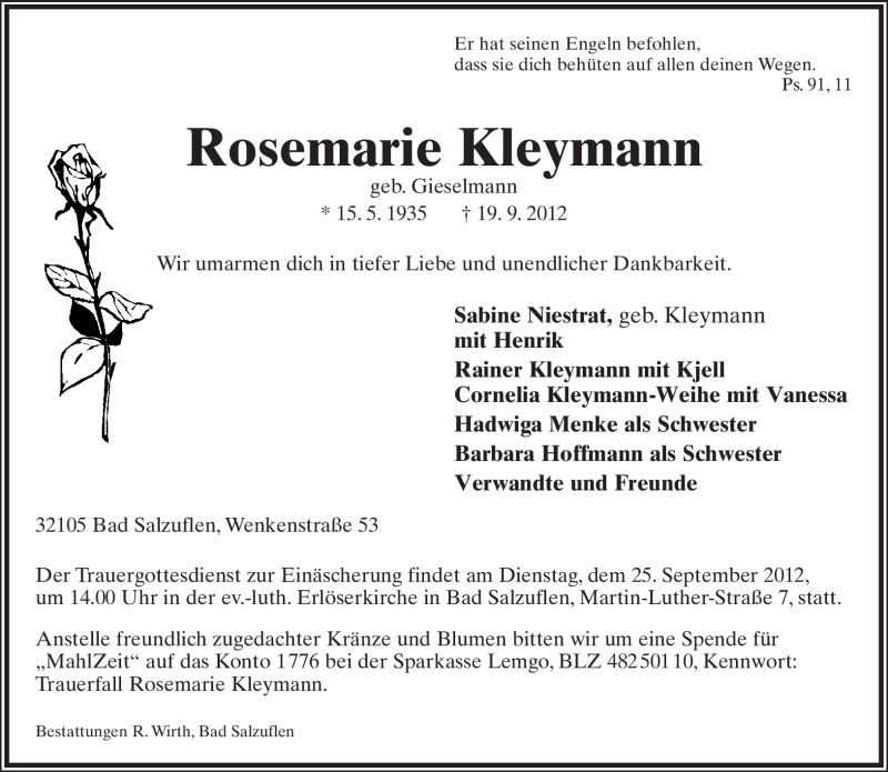  Traueranzeige für Rosemarie Kleymann vom 22.09.2012 aus Lippische Landes-Zeitung