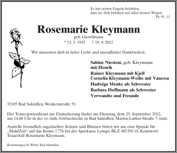 Anzeige  Rosemarie Kleymann  Lippische Landes-Zeitung