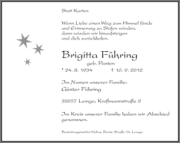 Anzeige  Brigitta Führing  Lippische Landes-Zeitung