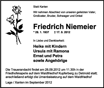 Anzeige  Friedrich Niemeier  Lippische Landes-Zeitung
