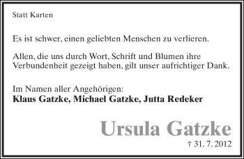 Anzeige  Ursula Gatzke  Lippische Landes-Zeitung