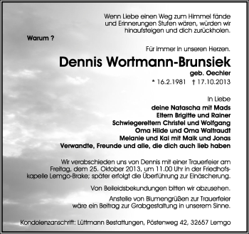 Anzeige  Dennis Wortmann-Brunsiek  Lippische Landes-Zeitung