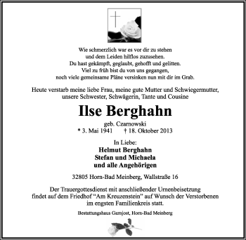 Anzeige  Ilse Berghahn  Lippische Landes-Zeitung