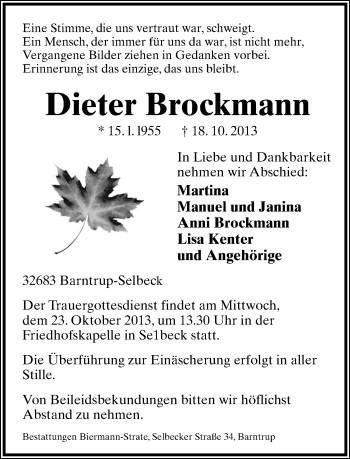 Anzeige  Dieter Brockmann  Lippische Landes-Zeitung