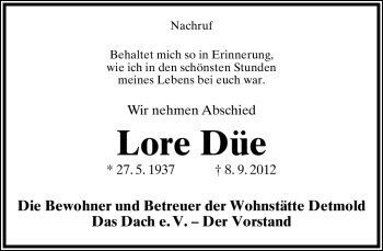 Anzeige  Lore Düe  Lippische Landes-Zeitung