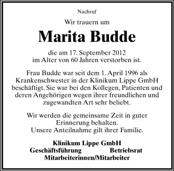 Anzeige  Marita Budde  Lippische Landes-Zeitung
