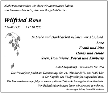 Anzeige  Wilfried Rose  Lippische Landes-Zeitung