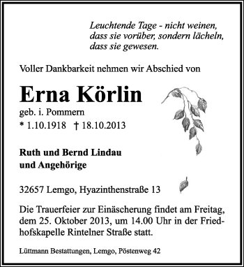 Anzeige  Erna Körlin  Lippische Landes-Zeitung