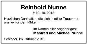 Anzeige  Reinhold Nunne  Lippische Landes-Zeitung