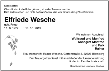 Anzeige  Elfriede Wesche  Lippische Landes-Zeitung