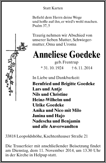 Anzeige  Anneliese Goedeke  Lippische Landes-Zeitung