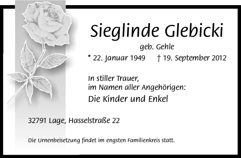  Traueranzeige für Sieglinde Glebicki vom 22.09.2012 aus Lippische Landes-Zeitung