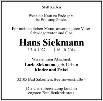 Anzeige  Hans Siekmann  Lippische Landes-Zeitung