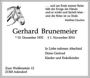 Anzeige  Gerhard Brunemeier  Lippische Landes-Zeitung