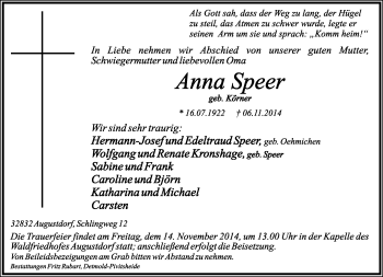 Anzeige  Anna Speer  Lippische Landes-Zeitung