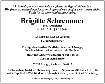 Anzeige  Brigitte Schremmer  Lippische Landes-Zeitung