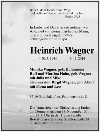 Anzeige  Heinrich Wagner  Lippische Landes-Zeitung