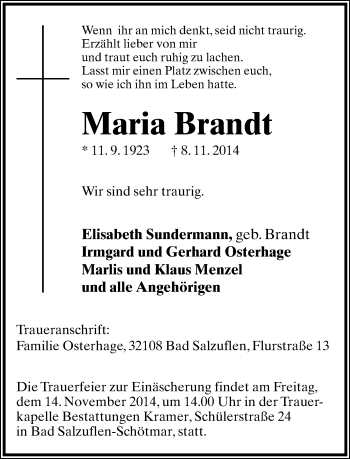 Anzeige  Maria Brandt  Lippische Landes-Zeitung