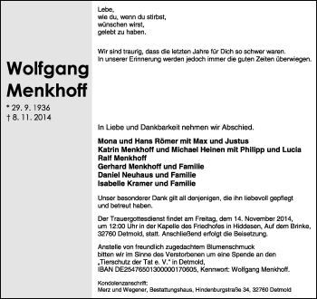 Anzeige  Wolfgang Menkhoff  Lippische Landes-Zeitung