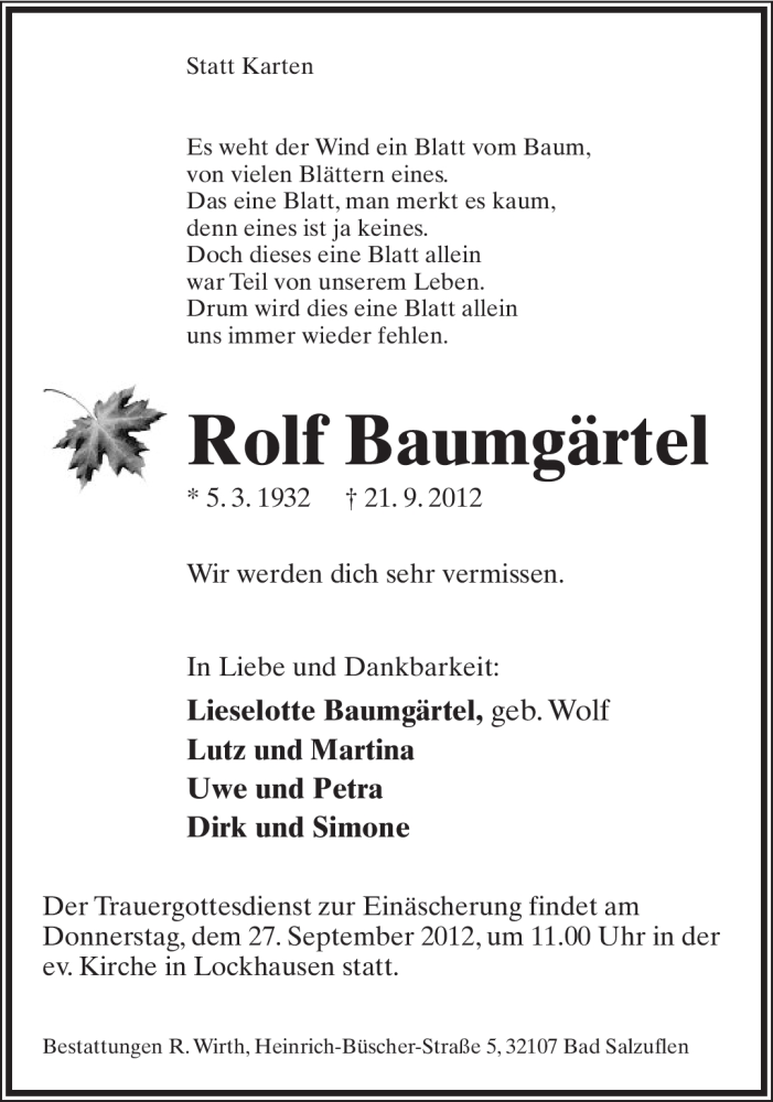  Traueranzeige für Rolf Baumgärtel vom 24.09.2012 aus Lippische Landes-Zeitung