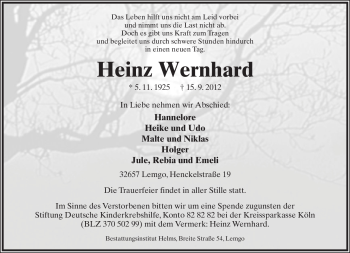 Anzeige  Heinz Wernhard  Lippische Landes-Zeitung