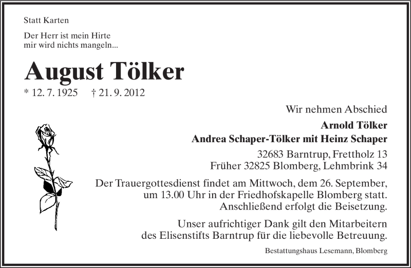  Traueranzeige für August Tölker vom 24.09.2012 aus Lippische Landes-Zeitung