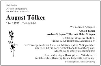Anzeige  August Tölker  Lippische Landes-Zeitung