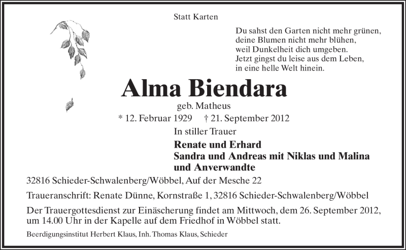  Traueranzeige für Alma Biendara vom 24.09.2012 aus Lippische Landes-Zeitung