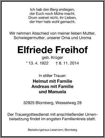 Anzeige  Elfriede Freihof  Lippische Landes-Zeitung